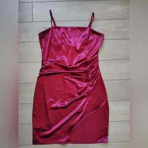 Honey and Rosie Satin Mini Dress in Deep Red